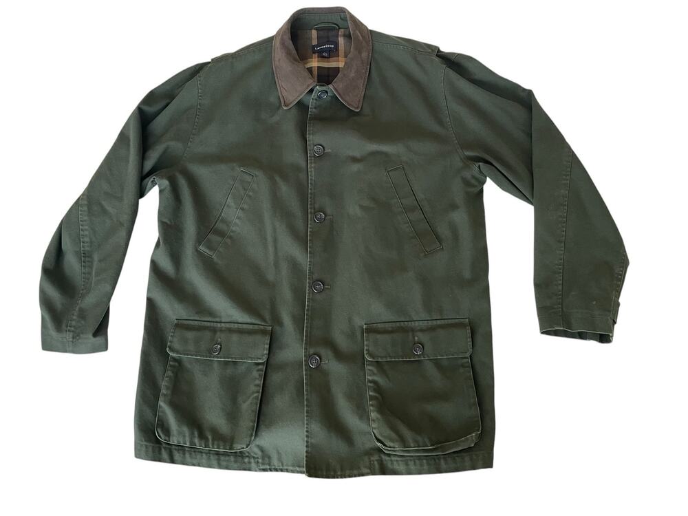 Vintage Lands' End Men's Field Chore Style Coat Leather Collar & Plaid Lining XL
